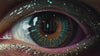 AI letters appearing in extreme close-up of an eye wearing smart contact lenses, merging technology with human vision.