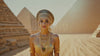 A woman from Ancient Egypt dressed in golden clothing, with the pyramids and desert providing a beautiful, blurred backdrop that emphasizes her elegance.