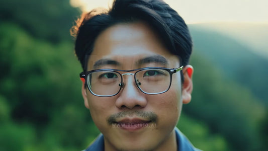 An Asian man using smart augmented reality glasses with electronic particles representing wearable tech advancements.