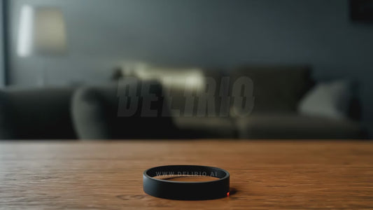 A smart ring on a table generating a heartbeats hologram, representing galaxy black AI health wearable tech.