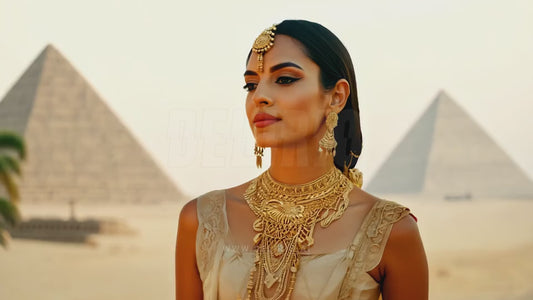 A woman from Ancient Egypt wearing stunning gold jewelry, with the iconic pyramids and desert softly blurred behind her, showcasing her regal stature.