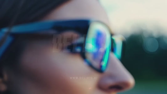 A close-up shot of a woman using smart virtual reality glasses, depicting next-gen wearable tech.