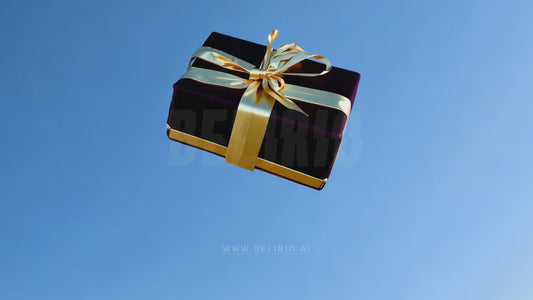 A present box flies through the air, arriving at a beautiful house, symbolizing a Christmas gift from above.