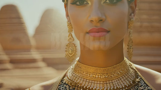 A headshot of a woman from Ancient Egypt, with a blurred background featuring sand rock constructions and desert, emphasizing her striking features.