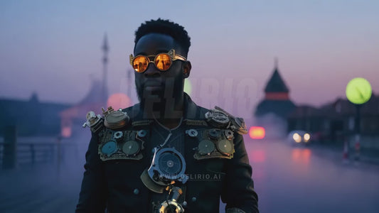 A Black man dressed in an elaborate steampunk cosplay costume, standing in a rich, fantastical world with a blurred, otherworldly backdrop, highlighting the fusion of vintage and futuristic aesthetics.