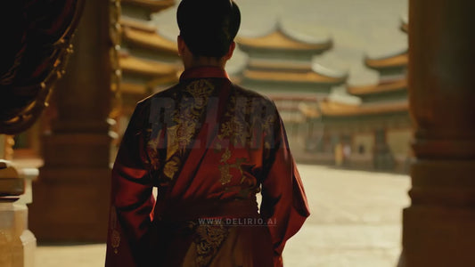 A peaceful over-the-shoulder shot of an East Asian woman in traditional clothing, walking toward a temple, emphasizing cultural heritage and history.