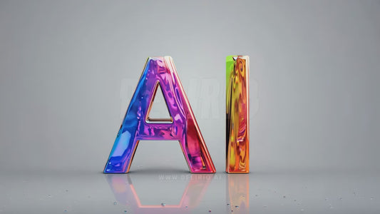 AI letters made of reflective multi-colored liquid floating against a grey background, blending fluid and tech.