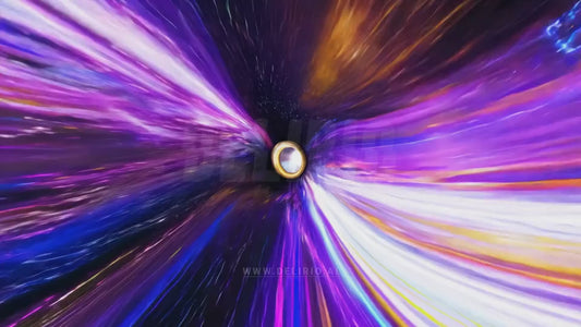 A vibrant, multi-colored trip through a wormhole, leading to a bright and distant galaxy.