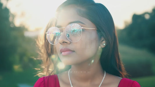 A young woman outdoors, wearing smart virtual augmented reality glasses, demonstrating a headshot concept.