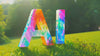 Bright and colorful AI letters placed on the grass in a park, emphasizing nature and creativity.