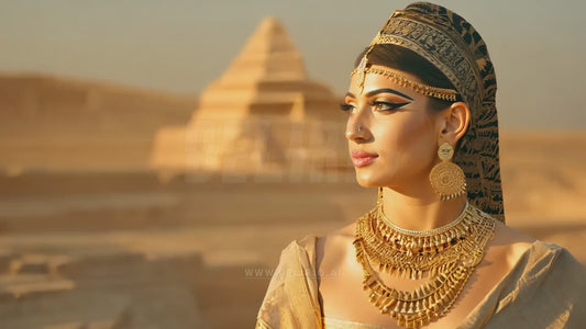 A realistic portrait of a woman representing Ancient Egypt, with a blurred background of pyramids and desert, capturing her beauty and historical significance.