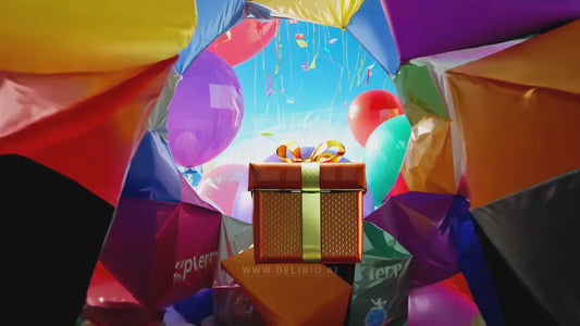 A present box flies through a fantastical world with floating balloons, creating a whimsical scene.