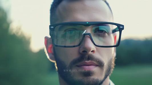 AI letters shown on wearable augmented reality glasses, with a close-up of a man using this futuristic technology.