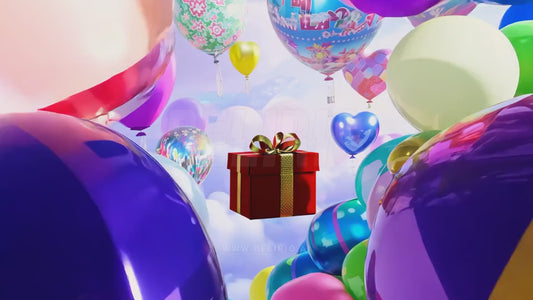 A flying gift box travels through a magical world filled with floating balloons. The box represents a magical gift.