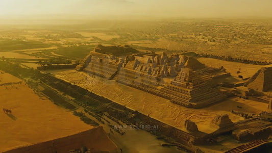 Aerial view capturing a detailed historical reenactment of an ancient civilization built in a desert environment, evoking the rich history of Egypt or Mesopotamia.