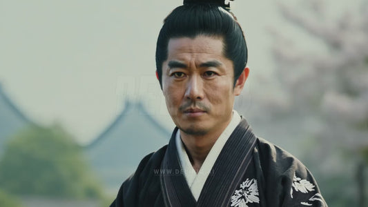 A historical headshot of an East Asian man in traditional attire, taken outdoors, evoking a sense of cultural heritage and connection to nature.