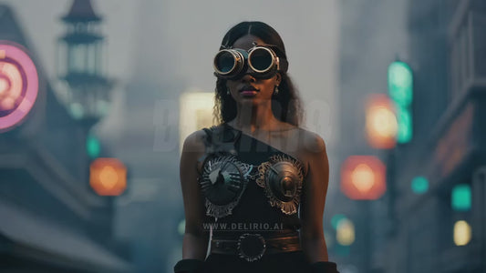 A woman in a fantastical steampunk world, wearing retro-futurist sunglasses, the neon-lit city behind her blending vibrant colors with the softened, blurred glow of distant lights, creating a modern yet vintage vibe.