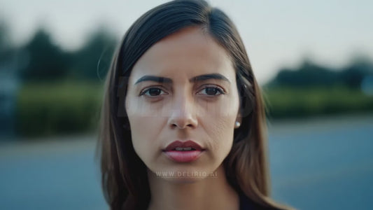 A headshot of a white woman with augmented reality graphics designed to appear on her eyes, showcasing futuristic wearables.