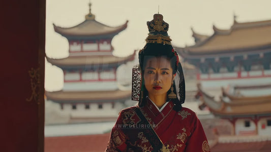 A portrait of an East Asian woman in traditional attire, looking directly at the camera, with a historic temple in the background, showcasing cultural identity and beauty.