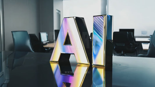 Reflective CGI-rendered AI letters set against an office background, combining corporate tech with creative typography.