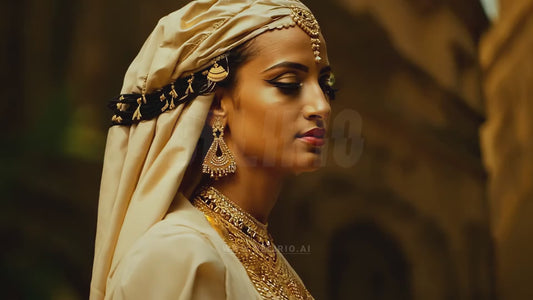 A portrait of a woman from Ancient Egypt looking at the camera, set against a blurred temple backdrop, enhancing her connection to ancient architecture.