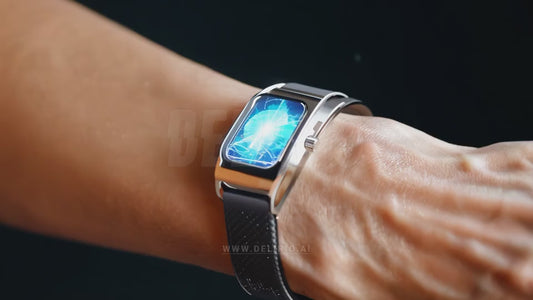 A fancy smartwatch that creates holograms, presenting the concept of wearable AI technology in a stylish manner.